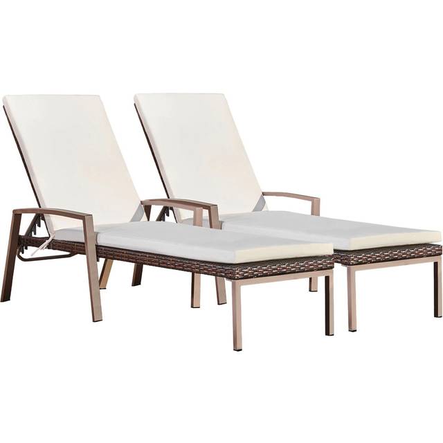 Set of 2 Outdoor Garden Rattan Sun Loungers, Recliner Chairs - White