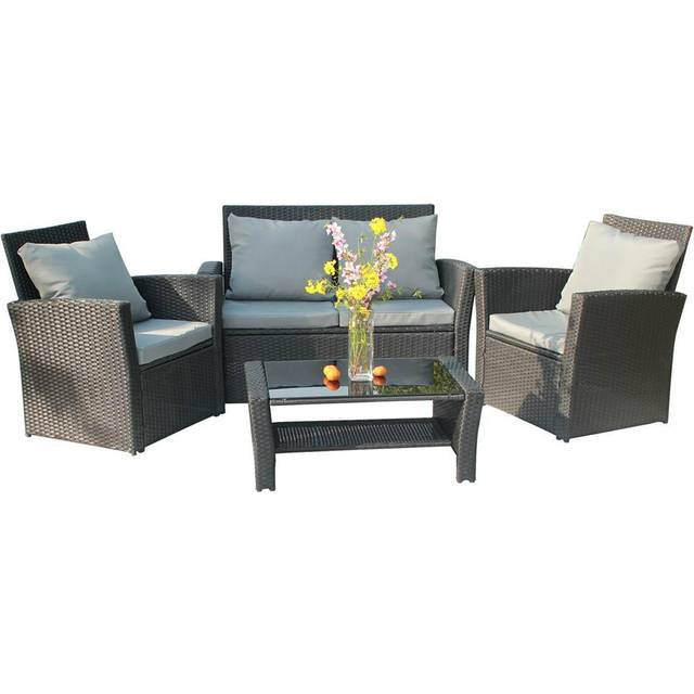 (Black) BIRCHTREE Rattan Garden Furniture Set Armchair Sofa Glass Table Outdoor Patio 02