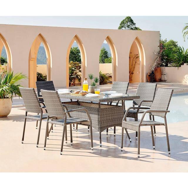 Outdoor Rattan Dining Table and Chairs - Antigua 6 Seat Brown Garden Dining Set - Grey