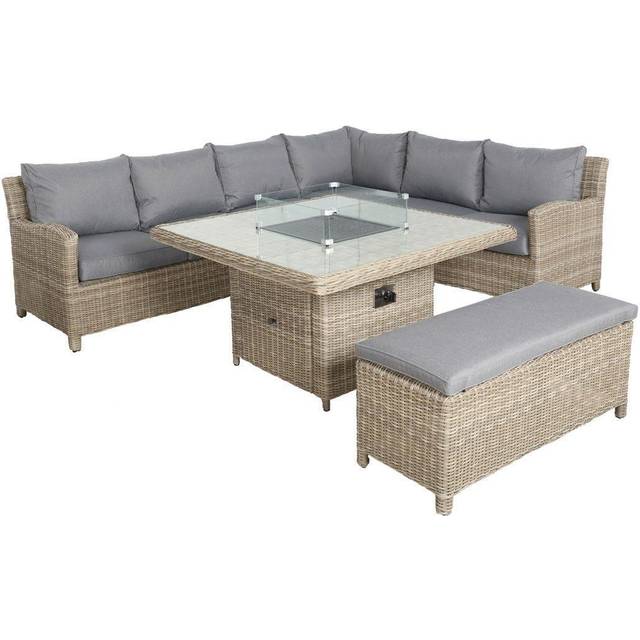 Royalcraft Wentworth 7pc Deluxe Modular Corner Dining Set w/ 120 x 120cm Firepit Table, Grey