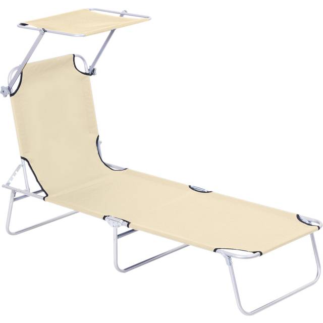 Outsunny Reclining Chair Sun Lounger Folding Lounger Seat With Sun Shade Awning Beach Garden Outdoor Patio Recliner Adjustable (beige)