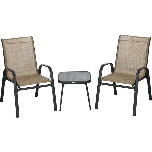 Outsunny 3 Pieces Outdoor Bistro Set, Patio Stackable Armchairs with Breathable Mesh Fabric and PSC Board Coffee Table, Brown, Brown