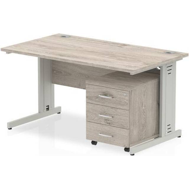 Impulse 1400x800mm Desk Grey Oak Silver Cable Managed Leg + Mobile Ped