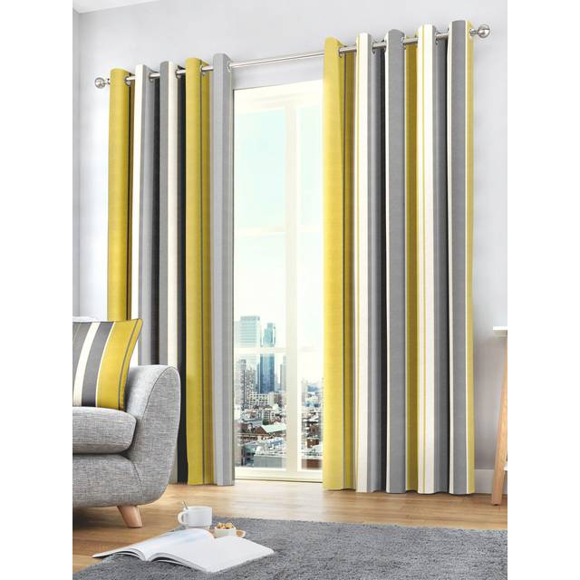 "LIKE-NEW Fusion - Whitworth Stripe - 100% Cotton Pair of Eyelet Curtains - 66"" Width x 72"" Drop (168 x 183cm) in Ochre"