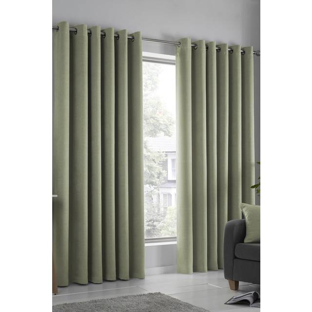 Fusion Strata Woven Dimout Ready Made Eyelet Curtains Green