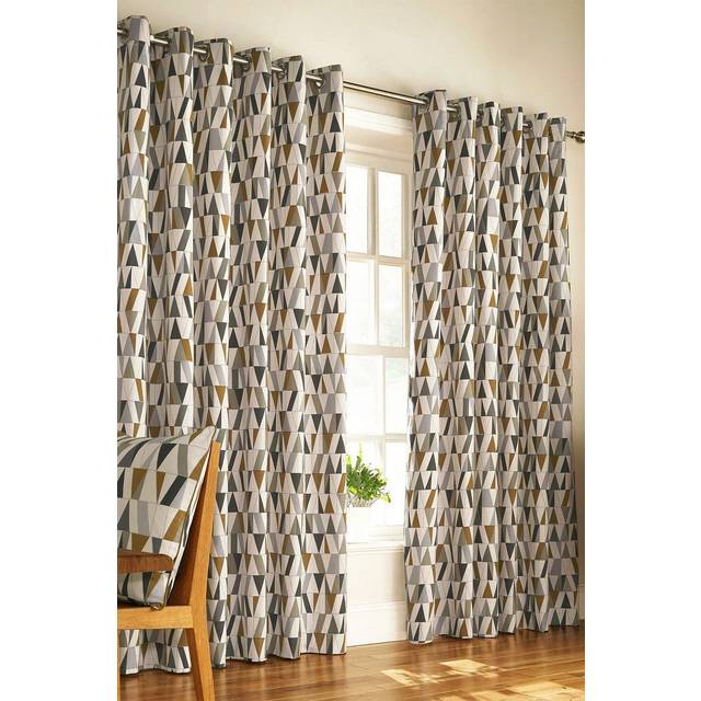 Furn Reno ringtop öljett gardiner (par) – geometrisk kakeldesign redo tillverkad – 50 50% polyester 168 x 229cm (66" x 90" inches) Charcoal/Gold