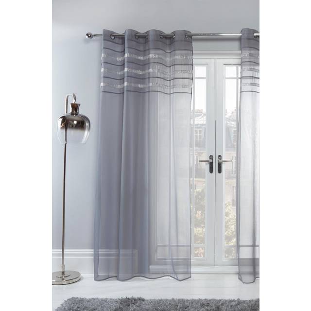 Sienna Pair of Diamante Voile Net Curtain Eyelet Top - Grey