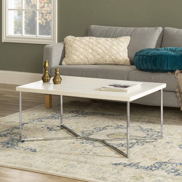 Walker Edison Mid Century Modern Marble Gold Rectangle Coffee Table Living Room Accent Ottoman Storage Shelf  42 Inch  Marble an