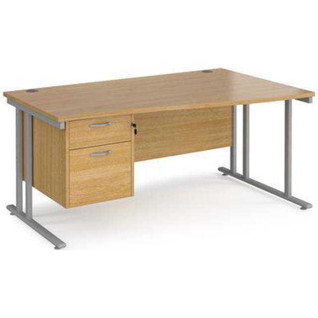 Maestro 25 right hand wave Office Desk 1600mm wide with 2 drawer pedestal - silver cantilever leg frame, oak top - Silver