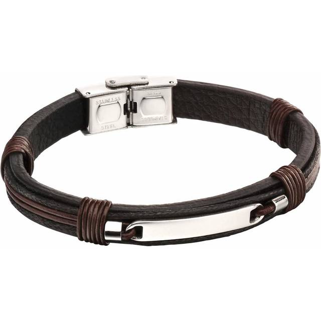 ID Bar Black Leather Brown Cord Detail Bracelet B5416