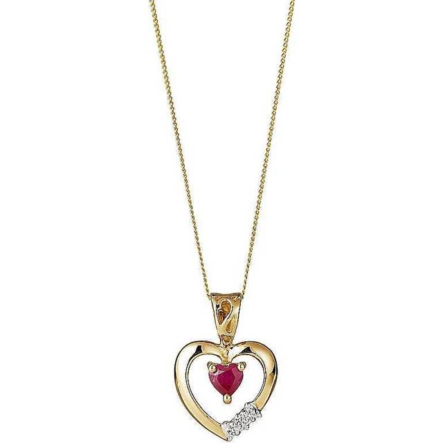 Yellow Gold Diamond & Ruby Heart Pendant Necklace - 18 inches