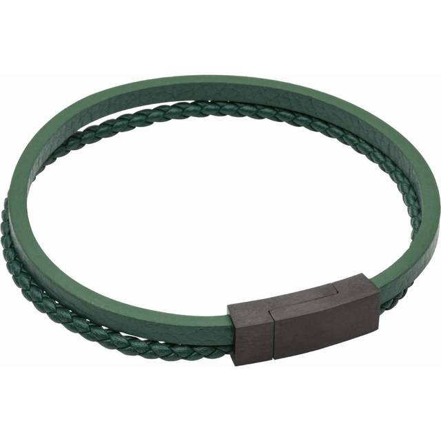 Multi Row Green Recycled Leather Black IP Clasp Bracelet B5430