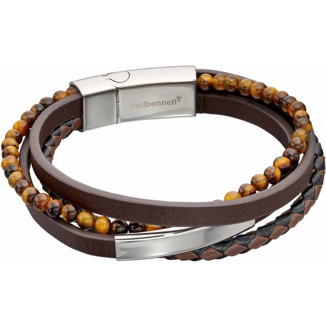 Multi Row Brown Leather ID Bar Tigers Eye Bracelet B5404Y