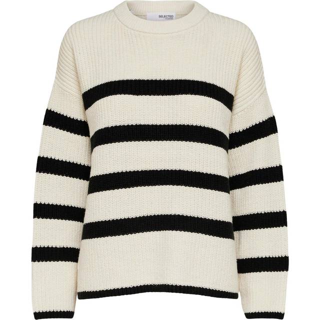 SELECTED FEMME SLFBLOOMIE LS stickad O-hals B NOOS tröja, snövit/ränder: svart, XL, Snövit/ränder: svart, XL