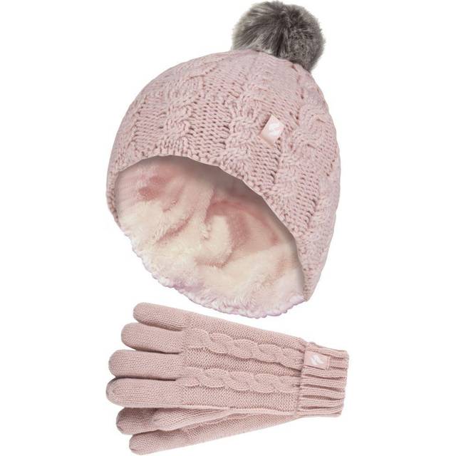 Cable Knit Bobble Pom Pom Thermal Hat & Gloves Set - Pink - 7-10 Years