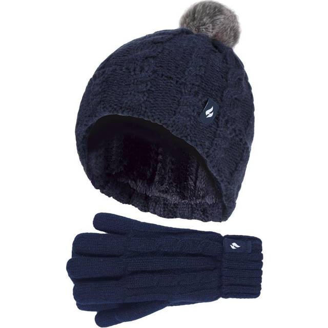 (Navy) Heat Holders - Girls Thermal Warm Cosy Turnover Hat & Gloves Set