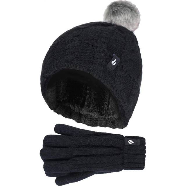 (Black) Heat Holders - Girls Thermal Warm Cosy Turnover Hat & Gloves Set