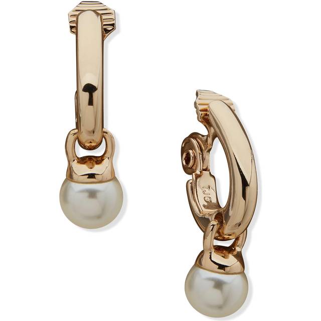 Anne Klein Women's J Hoop with Pearl Drop Clip On Earrings in Gold Tone