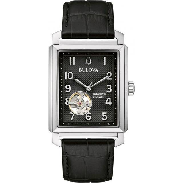 Bulova Sutton Open Heart Black Dial Leather Strap Automatic 96A269 Men&#39;s Watch