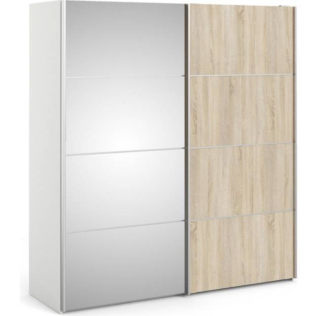 Indoor Furniture Group Verona Sliding Wardrobe 180Cm In White With Oak Effect And Mirror Doors With 2 Shelves, White