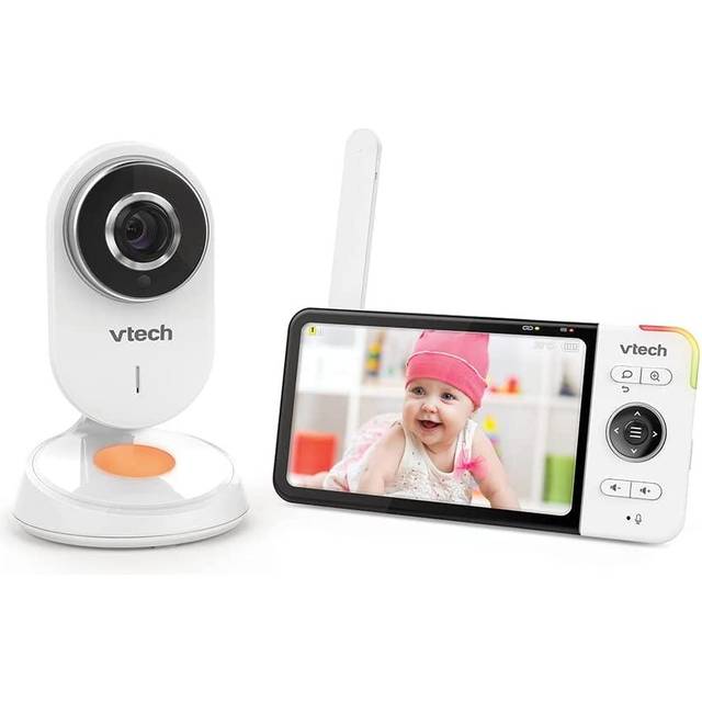 VTech BM818 – Wide View HD-videobabymonitor – 5 tum ultra platt HD-skärm – nattlampa och vaggvisor på 720p – FR, vit version
