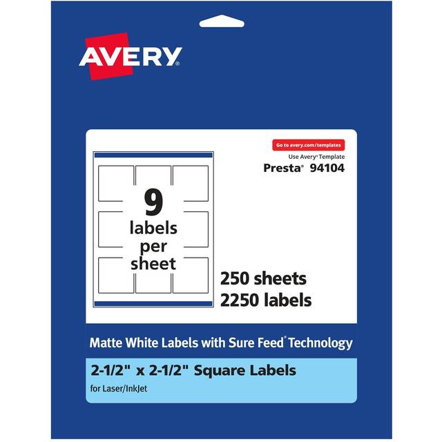 "Avery Matte White Square Labels with Sure Feed  2.5"""""""" x 2.5""""""""  2 250 Matte White Printable Labels"