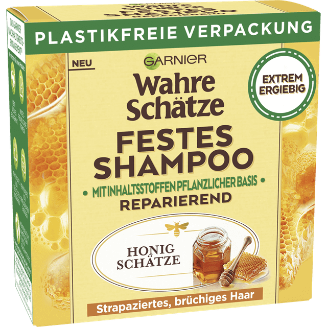 Garnier Fast schampo, reparerande honungsskattschampo med bivax, starkt, skyddar och ger näring åt skadat och sprött hår, riktiga skatter, 60 g