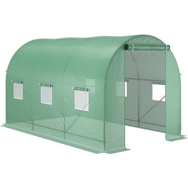 Outsunny 3.5 x 2m Walk-In Polytunnel Greenhouse, with Steel Frame, PE Cover, Roll-Up Door and 6 Windows, Green