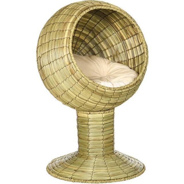 Pawhut Raised Cat House - Natural Mat Grass Cat Bed With Detachable Top F41X 69 cm Yellow, Yellow
