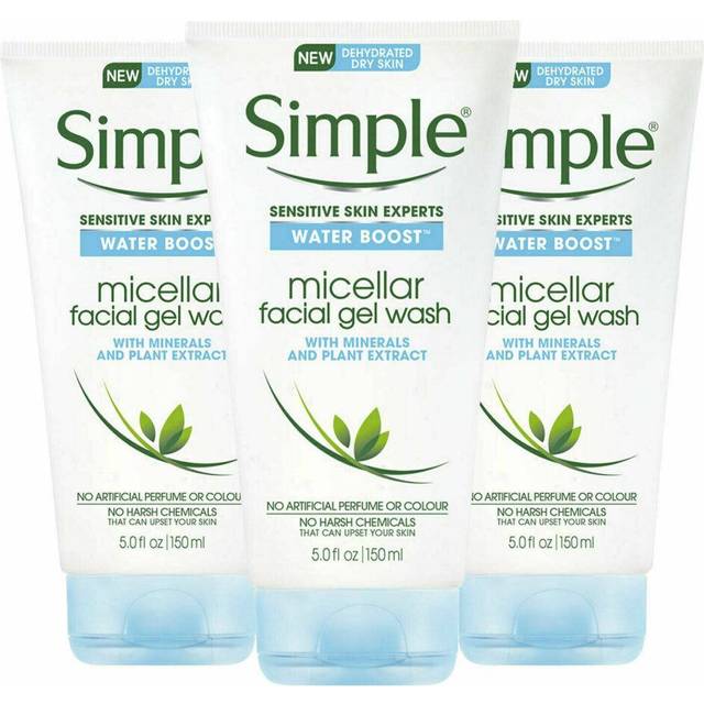 (3x Facial Gel Wash) Simple Water Boost Micellar Cleansing Water, Wipes & Face Wash