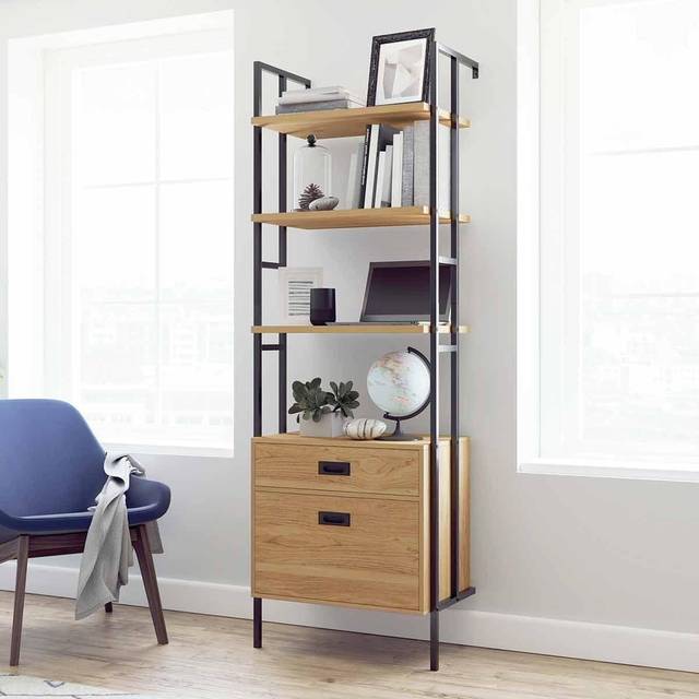 Teknik Office Hythe Wall Mounted 4 Shelf Bookcase with Drawers, Walnut