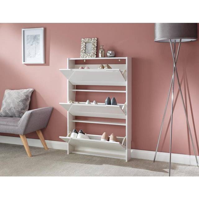 GFW Narrow High Gloss 3 Tier Shoe Cabinet - White, White