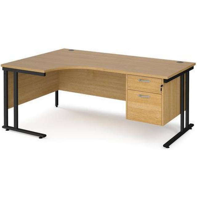 Maestro 25 left hand ergonomic Office Desk 1800mm wide with 2 drawer pedestal - black cantilever leg frame, oak top - Black