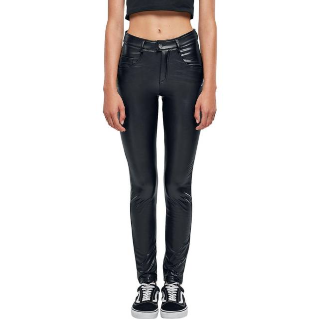 Urban Classics - Ladies Mid Waist Synthetic Leather Black - Pants - black - W27 - 100% Cotton,Fake Leather