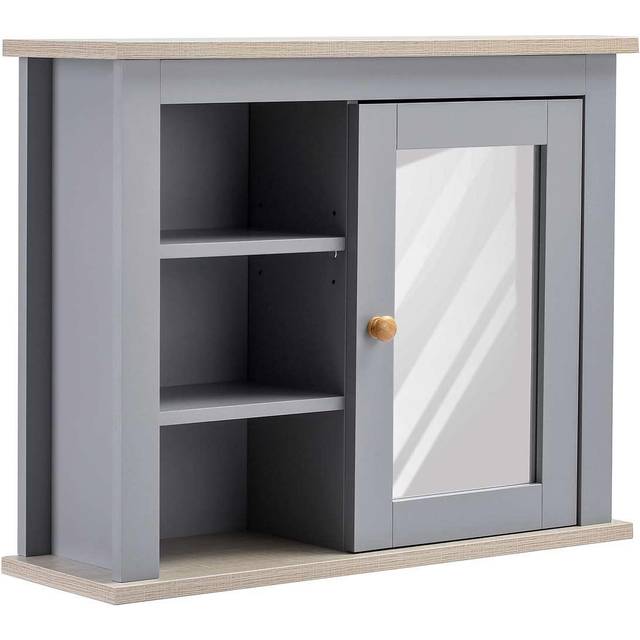 kleankin Bathroom Wall Mirror Cabinet - Cupboard with Door - Adjustable Shelf - Grey - Home Living | TJ Hughes