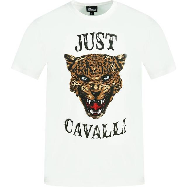 Men's JUST CAVALLI S01GC0419 Mens T-Shirt Tiger Print Short Sleeve Cotton Half White - Size: Regular/36