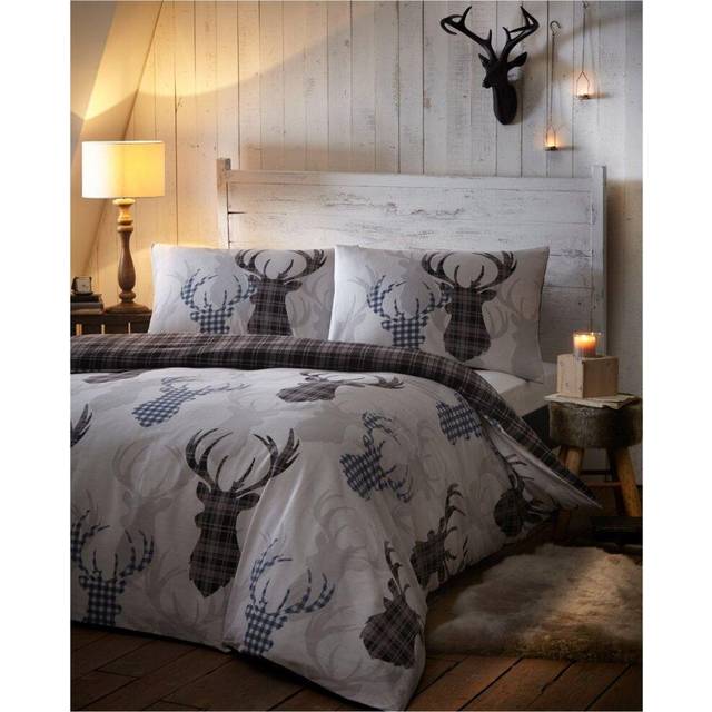 Portfolio Home - Tartan Check Stag Reindeer King Size Duvet Cover Set Bedding Set Grey/Black