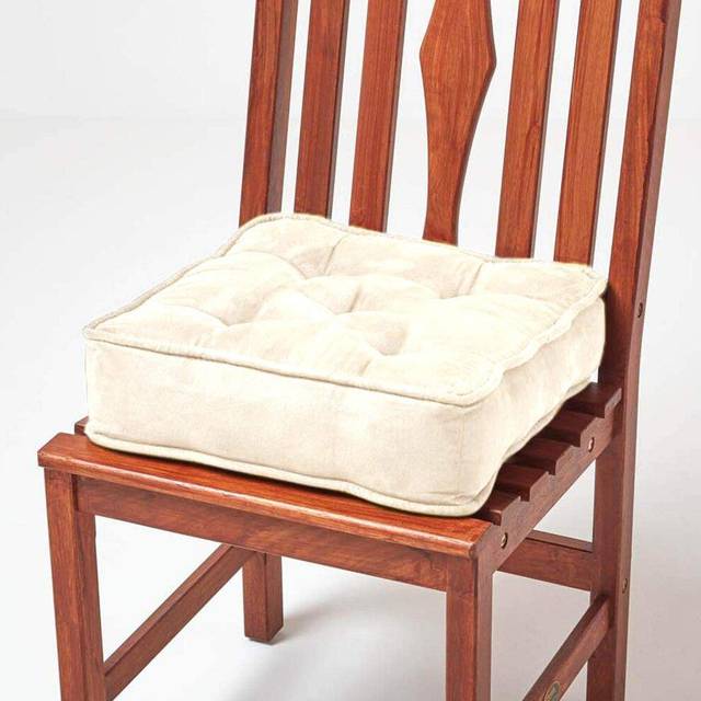 Homescapes Faux Suede Dining Chair Booster Cushion Firm 10cm Thick Seat Pad, 40 x 40 cm, Cream, Quilted Design, Ties, High Density Supportive Filling - Natural