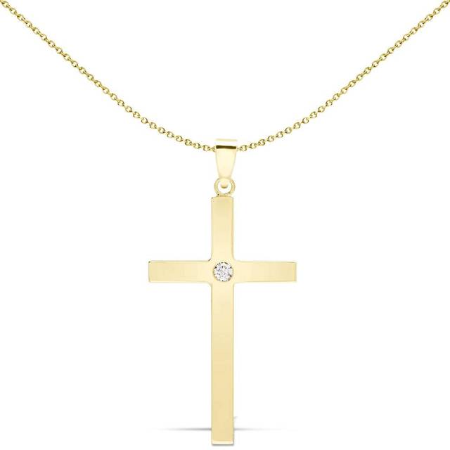 Jewelco London Solid 9ct Yellow Gold Invisible Set Round I SI2 0.1ct Diamond Minimalist Solitaire Cross Pendant - 9X089