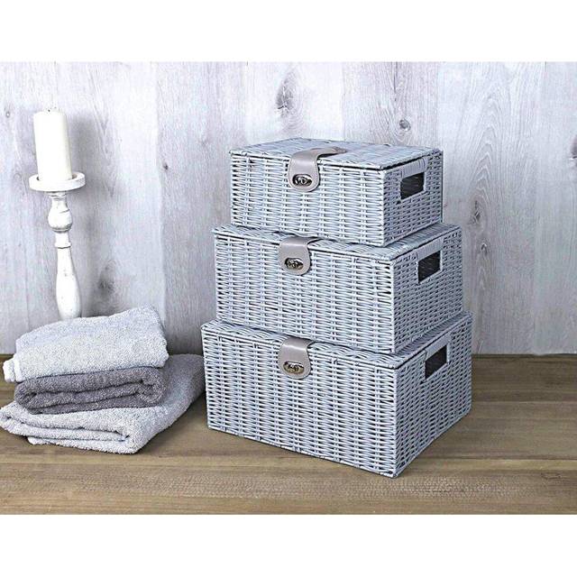 Set of 3 White Wicker Baskets for Storage and Hampers