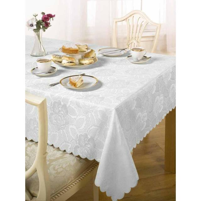 Damask Rose - Jacquard Table Cloth in White - 60x84 (152x213cm) Oval - Emma Barclay | TJ Hughes