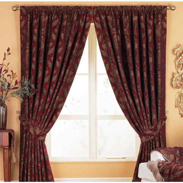 Paoletti Shiraz Burgundy and Brown Floral Jacquard Pencil Pleat Curtain 168 x 183cm - W 183 x D 168cm