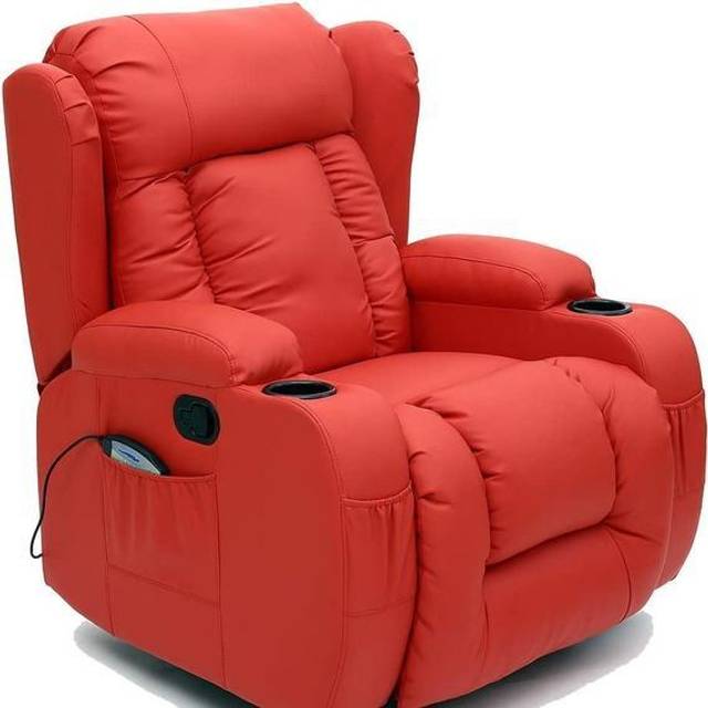 (Red) Caesar Winged Leather Recliner Chair Rocking Massage Swivel Heated Gaming