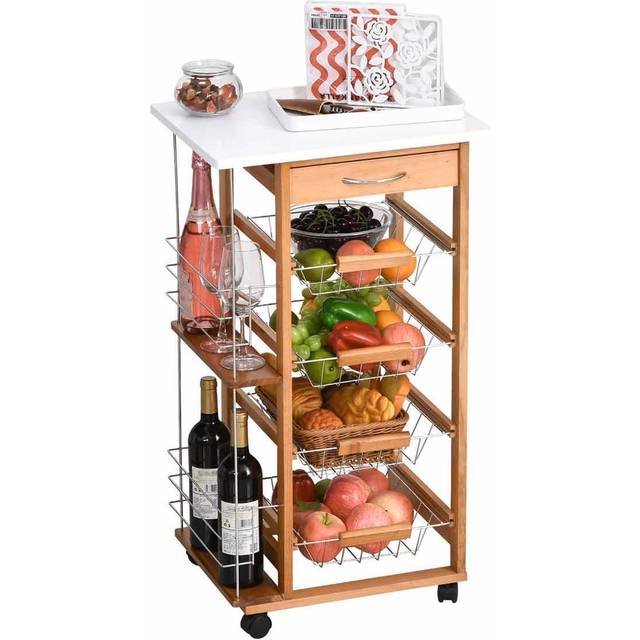 Multi-Use Kitchen Island Trolley w/ 4 Baskets 2 Side Racks Drawer Worktop White and brown