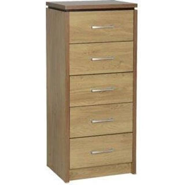 Charles 5 Drawer Narrow Chest Oak Effect Veneer with Walnut Trim