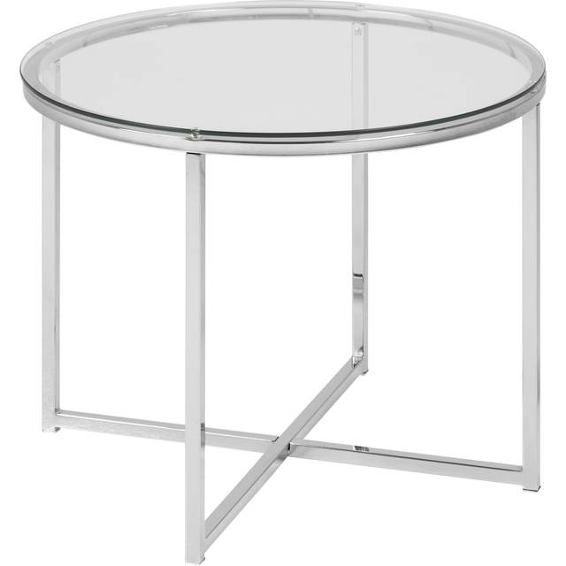 Indoor Furniture Group Cross Round Metal Side Table With Glass Top, Silver