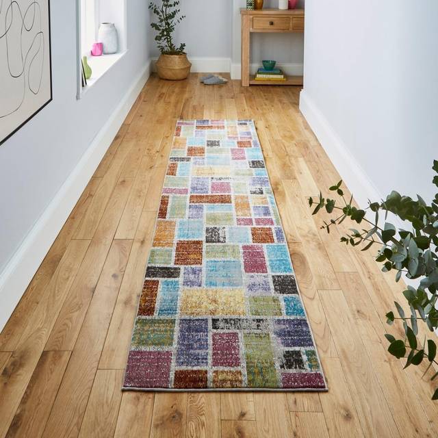 16th Avenue Multi-coloured Block Hallway Runner Rug 37A Geometric Powerloomed Vibrant Mats 60x230cm