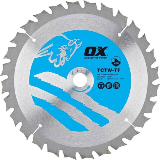 (184mm x 16mm x 28T) OX TCT Wood Cutting Thin Kerf Circular Saw Blade (Various Sizes)