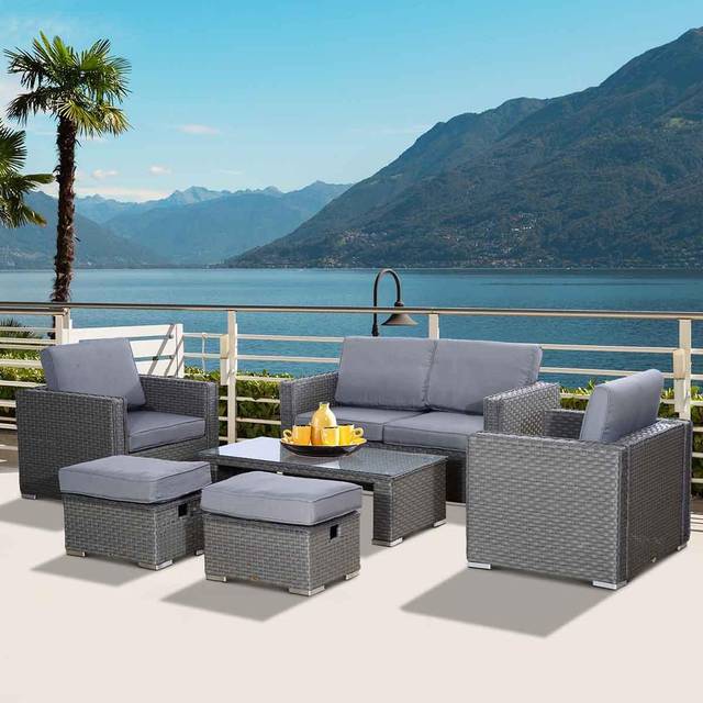 Outsunny 6pc Garden Furniture Set Rattan Sofa Outdoor Wicker Table Ottoman Stool