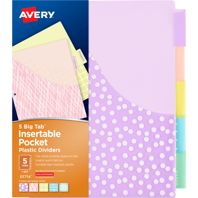 Avery Dividers for 3 Ring Binders  5 Tab Binder Dividers  Plastic Binder Dividers with Pockets  Insertable Big Tabs  Pastel Classic Designs  Works wit